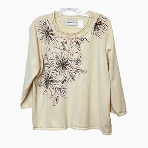 Alfred Dunner Beaded Sweater Size Large Cream Embroidered Floral Dressy Casual